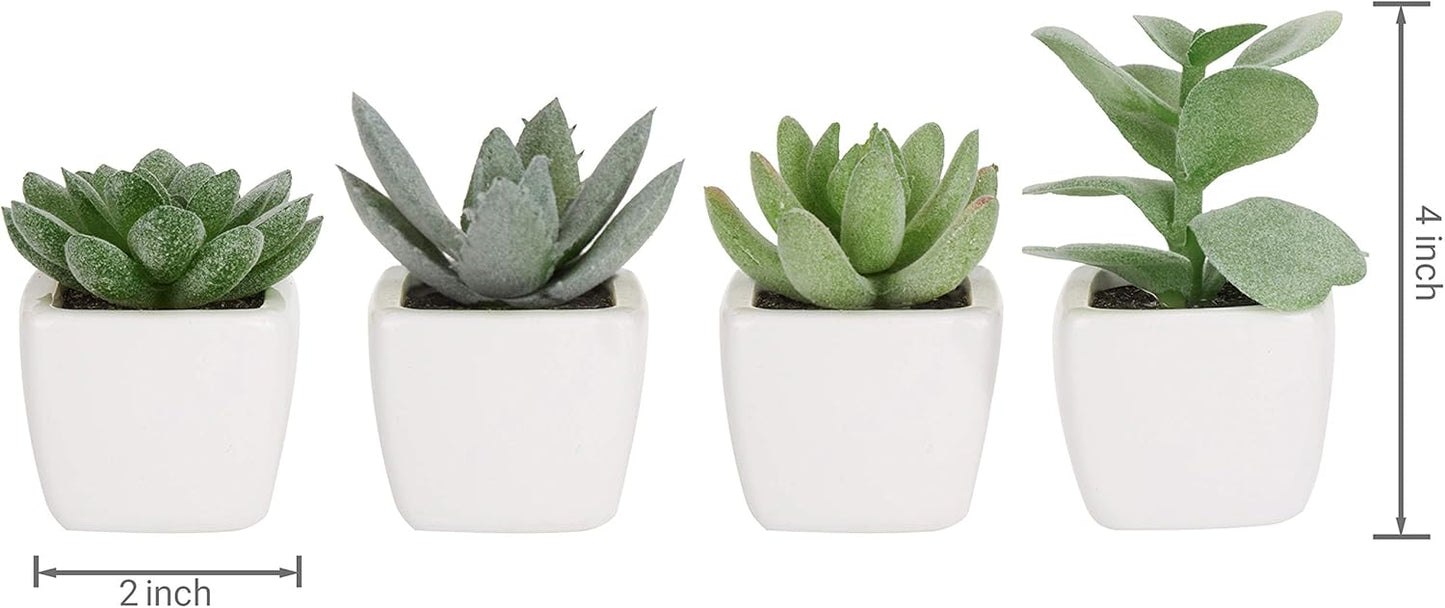 Set of 4 Mini Assorted Green Decorative Artificial Succulent Plants in Square White Glazed Ceramic Planter Pots