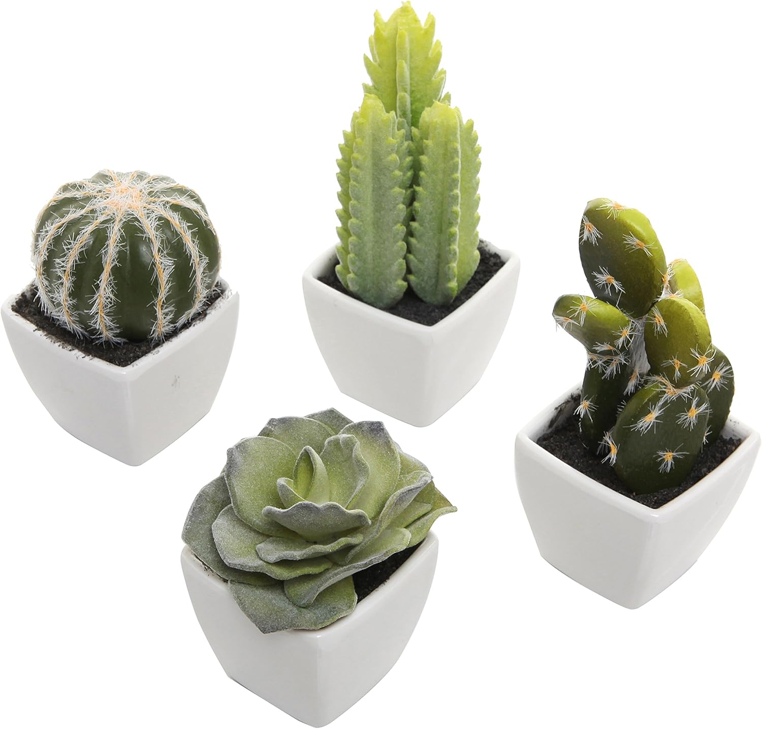 Set of 4 Mini Assorted Green Decorative Artificial Succulent Plants in Square White Glazed Ceramic Planter Pots