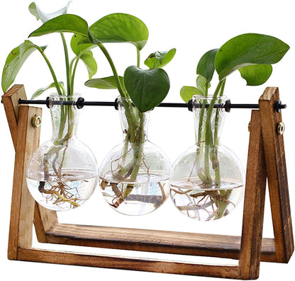 Plant Terrarium with Wooden Stand, Air Planter Bulb Glass Vase Metal Swivel Holder Retro Tabletop for Hydroponics Home Garden Office Decoration - 3 Bulb Vase