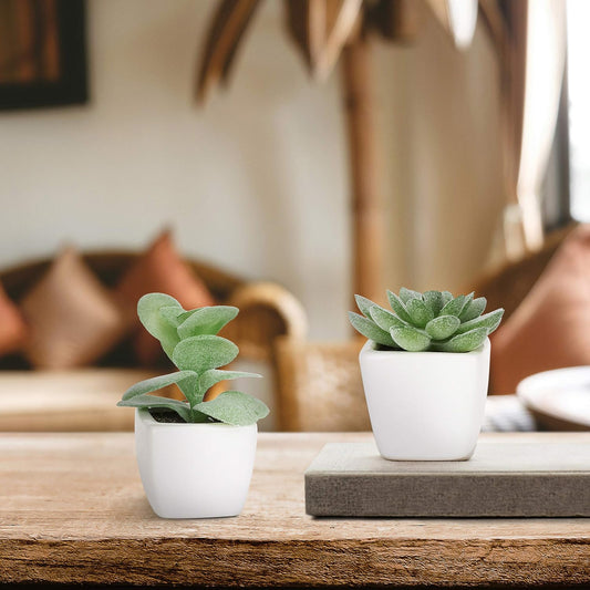 Set of 4 Mini Assorted Green Decorative Artificial Succulent Plants in Square White Glazed Ceramic Planter Pots